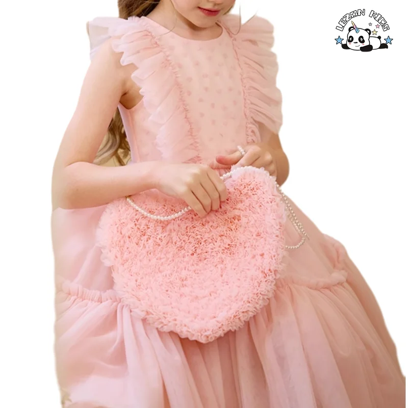 LEZONKIDS - Vestido de Tule Rosa com Logotipo Personalizado para Meninas, Sem Mangas, com Babados e Camadas para Festa Formal